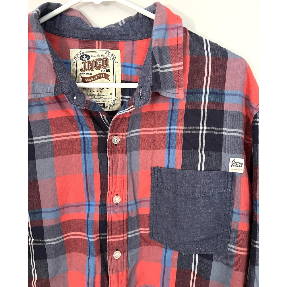 JNCO Shirt Mens 2XL Blue Red Plaid Button Down Flannel Soft Cotton Pocket Casual